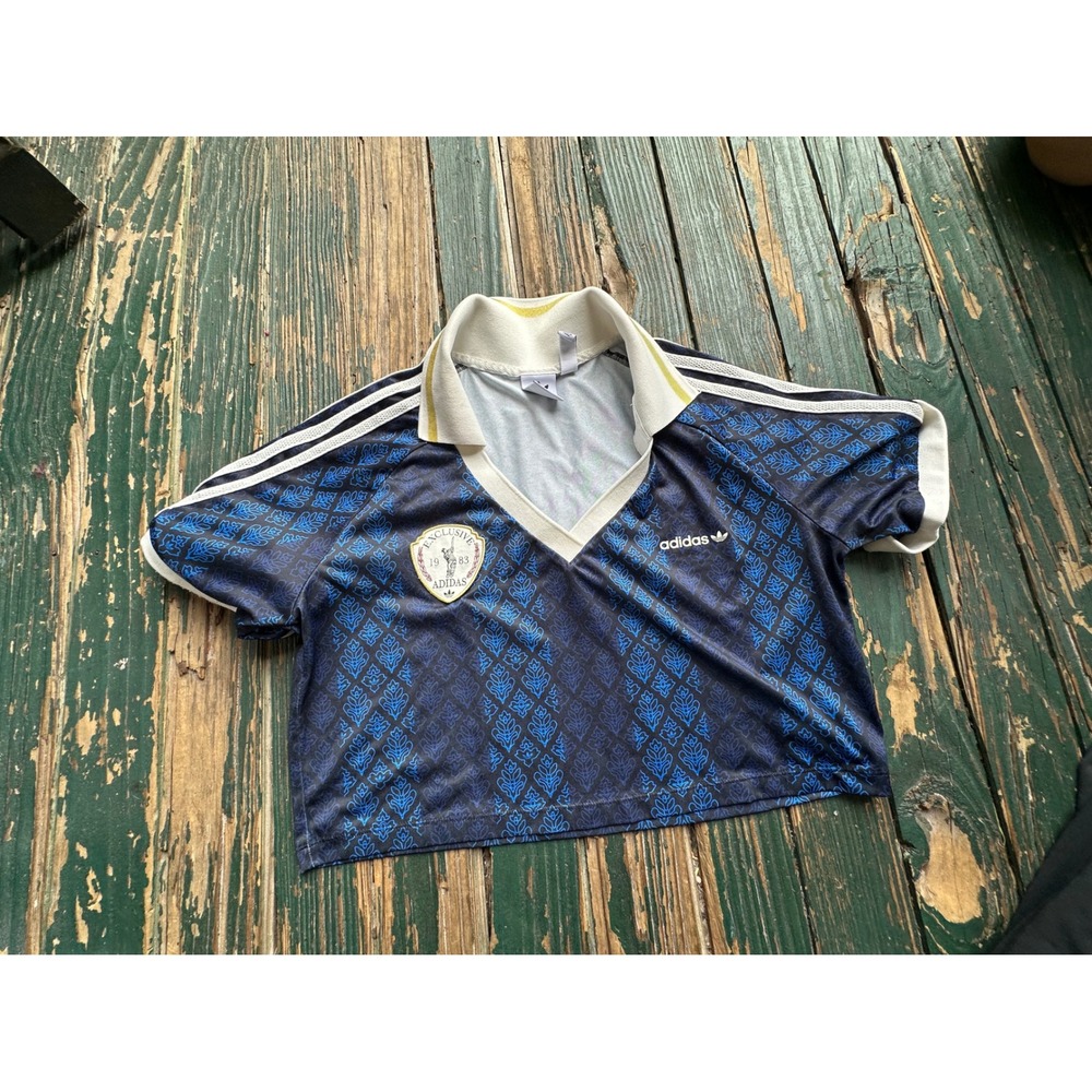 Adidas Originals Women Blue Monogram Cropped Polo Shirt V-Neck Jersey Large